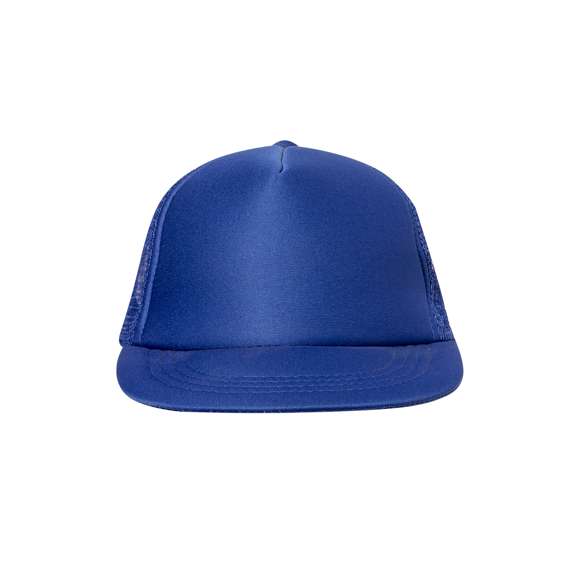 Gorra de 5 paneles con visera plana acolchada y parte trasera en redecilla a juego. Material 100% poliéster de suave acabado, con cierre ajustable de botones y en variada gama de vivos colores.