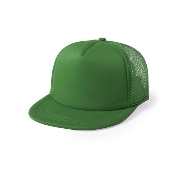 Gorra de 5 paneles con visera plana acolchada y parte trasera en redecilla a juego. Material 100% poliéster de suave acabado, con cierre ajustable de botones y en variada gama de vivos colores.