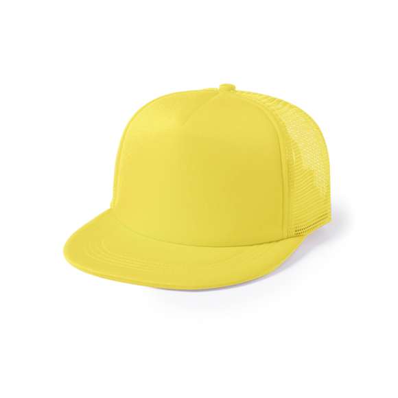 Gorra de 5 paneles con visera plana acolchada y parte trasera en redecilla a juego. Material 100% poliéster de suave acabado, con cierre ajustable de botones y en variada gama de vivos colores.