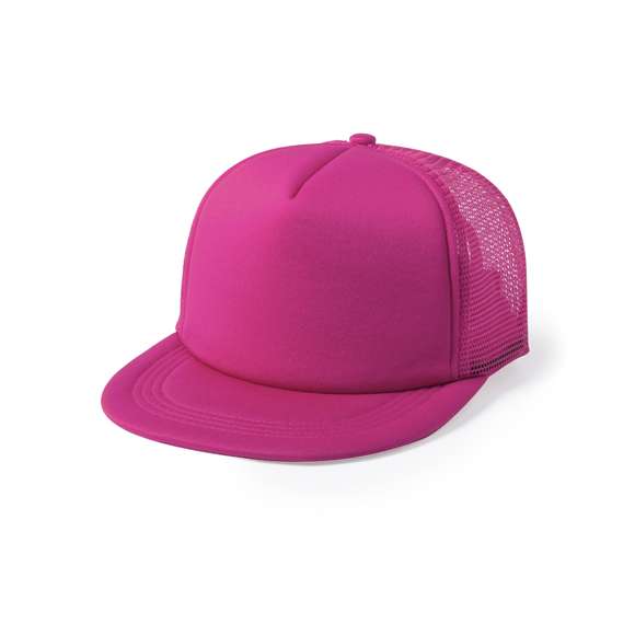 Gorra de 5 paneles con visera plana acolchada y parte trasera en redecilla a juego. Material 100% poliéster de suave acabado, con cierre ajustable de botones y en variada gama de vivos colores.