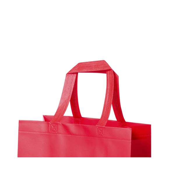 Bolsa de alta calidad en non-woven laminado de 110g/m2, en variada gama de vivos colores mates. Con asas reforzadas cortas de 35cm, fuelle y acabado termosellado. Resistencia hasta 10kg de peso.