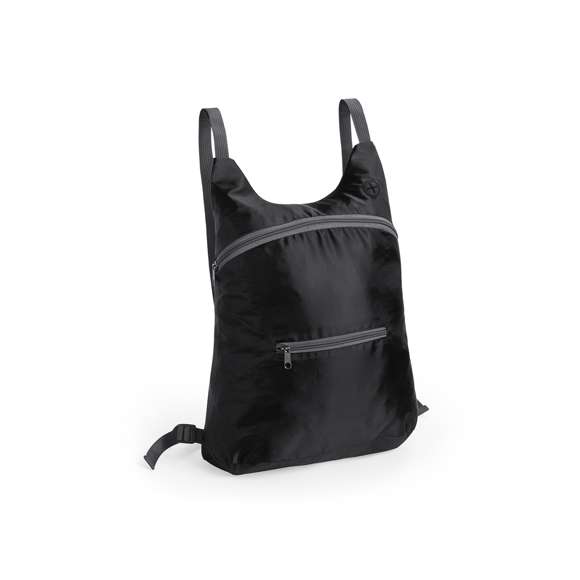 	Mochila plegable en suave poliéster 201D de alegres colores, con cierre de cremallera, bolsillo frontal y salida de auriculares. Con esquinas reforzadas, cintas de hombro regulables y accesorios en color gris. Plegado de pequeño tamaño con cinta de transporte.