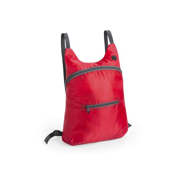  	Mochila plegable en suave poliéster 201D de alegres colores, con cierre de cremallera, bolsillo frontal y salida de auriculares. Con esquinas reforzadas, cintas de hombro regulables y accesorios en color gris. Plegado de pequeño tamaño con cinta de transporte.