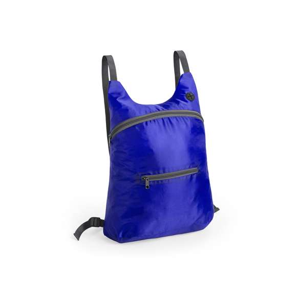  	Mochila plegable en suave poliéster 201D de alegres colores, con cierre de cremallera, bolsillo frontal y salida de auriculares. Con esquinas reforzadas, cintas de hombro regulables y accesorios en color gris. Plegado de pequeño tamaño con cinta de transporte.