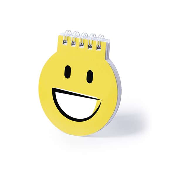 Libreta de divertidos diseños emoji en llamativo color amarillo. De anillas blancas, con tapas de cartón rígidas de suave acabado brillante y 40 hojas lisas.
