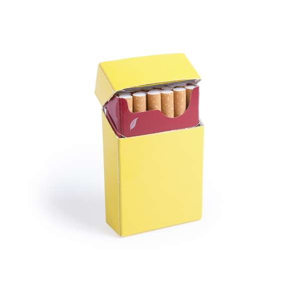 Funda para cajetilla de tabaco de divertidos diseños emoji en llamativo color amarillo. En cartón de acabado brillo con emoji en parte trasera y presentación plegada.