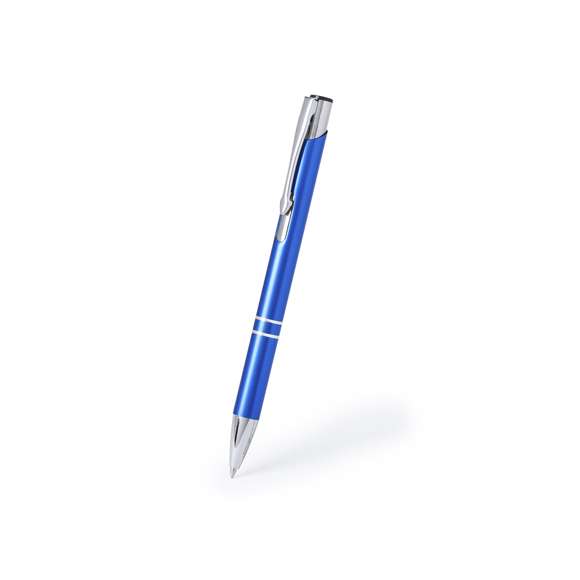 Original bolígrafo de mecanismo pulsador en elegante diseño bicolor. Con cuerpo troquelado en aluminio de suave acabado en variados colores. Original clip, anillas y punta en plateado. De cartucho jumbo y tinta azul.