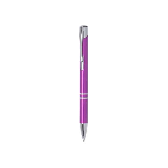 Original bolígrafo de mecanismo pulsador en elegante diseño bicolor. Con cuerpo troquelado en aluminio de suave acabado en variados colores. Original clip, anillas y punta en plateado. De cartucho jumbo y tinta azul.