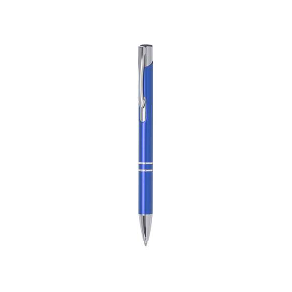 Original bolígrafo de mecanismo pulsador en elegante diseño bicolor. Con cuerpo troquelado en aluminio de suave acabado en variados colores. Original clip, anillas y punta en plateado. De cartucho jumbo y tinta azul.