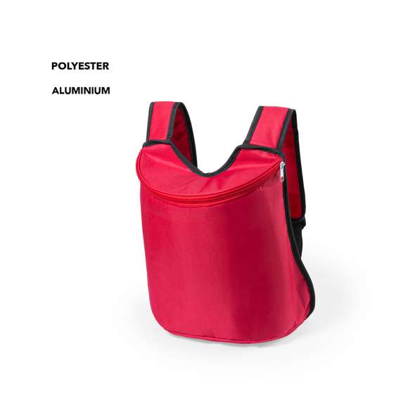  	Mochila nevera todoterreno en resistente poliéster 600D de vivos colores y con cierre de cremallera a juego. Interior isotermo en acabado de aluminio y asas ajustables con acolchado.
