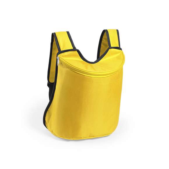  	Mochila nevera todoterreno en resistente poliéster 600D de vivos colores y con cierre de cremallera a juego. Interior isotermo en acabado de aluminio y asas ajustables con acolchado.