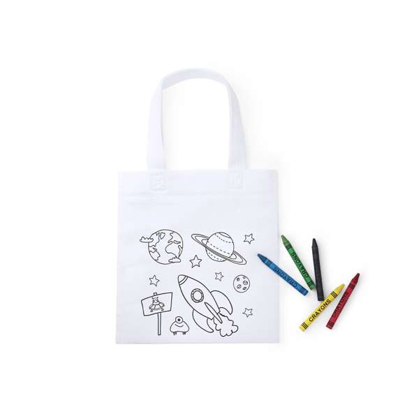  	Bolsa de non-woven en color blanco especialmente diseñada para colorear con ceras. Incluye 5 ceras de cuerpo cilíndrico en variados colores. Asas largas de 33cm y acabado termosellado.