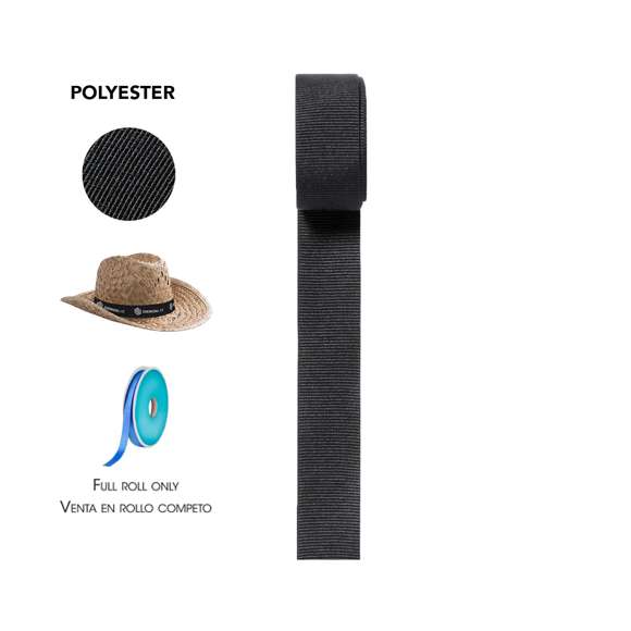 Cinta de poliéster para sombrero en variada gama de colores. Servida en rollos completos de 100 metros de largo, con aproximadamente 150 cintas de 67 x 3,2cm.
