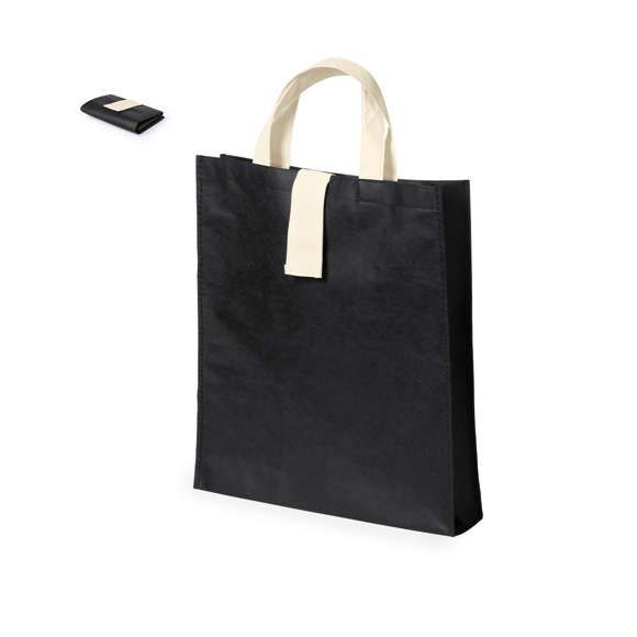 Bolsa plegable en non-woven de 80g/m2 en variada gama de vivos colores. Con asas cortas en color natural de 37cm, cierre de velcro en color natural y acabado cosido. Plegado de pequeño tamaño y resistencia hasta 8kg de peso.