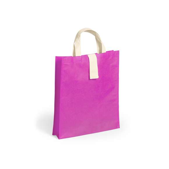 Bolsa plegable en non-woven de 80g/m2 en variada gama de vivos colores. Con asas cortas en color natural de 37cm, cierre de velcro en color natural y acabado cosido. Plegado de pequeño tamaño y resistencia hasta 8kg de peso.