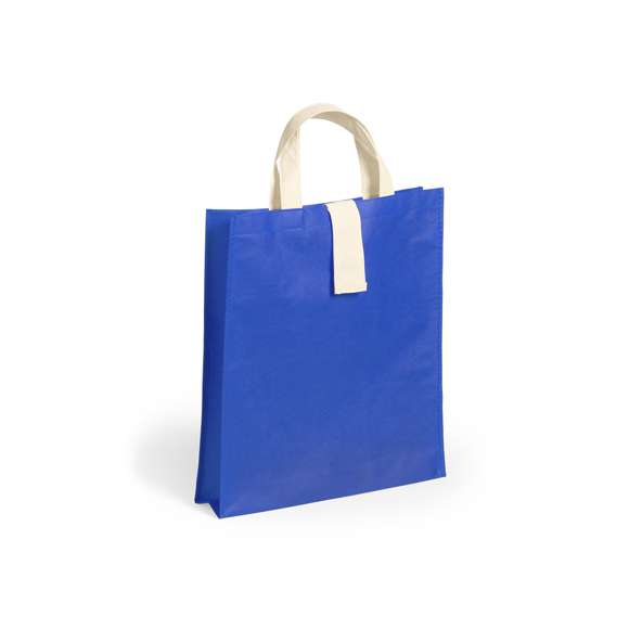 Bolsa plegable en non-woven de 80g/m2 en variada gama de vivos colores. Con asas cortas en color natural de 37cm, cierre de velcro en color natural y acabado cosido. Plegado de pequeño tamaño y resistencia hasta 8kg de peso.