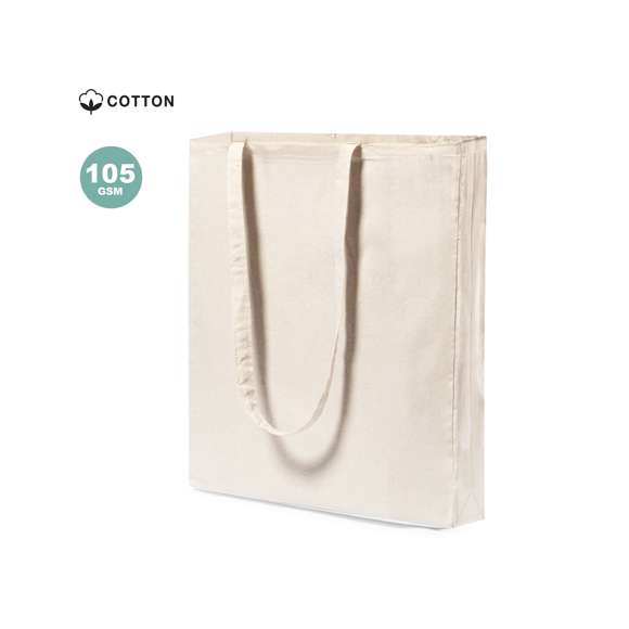 Bolsa en material 100% algodón con acabado en color natural. Con asas largas reforzadas de 70cm, fuelle y acabado cosido. Resistencia hasta 7kg de peso.