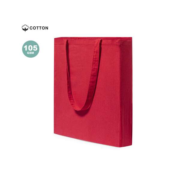 Bolsa en material 100% algodón en variada gama de vivos colores. Con asas largas de 70cm, fuelle y acabado cosido. Resistencia hasta 7kg de peso.