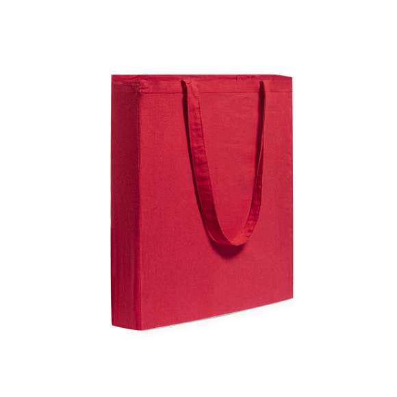 Bolsa en material 100% algodón en variada gama de vivos colores. Con asas largas de 70cm, fuelle y acabado cosido. Resistencia hasta 7kg de peso.