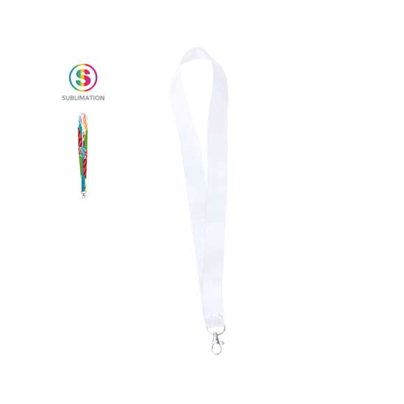 Lanyard con tiras de ancho especial en resistente y suave poliéster con accesorio mosquetón metálico. Especialmente diseñado para personalización total en sublimación para pedidos a partir de 250 piezas.