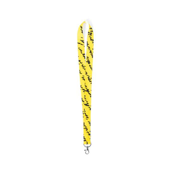 Lanyard con tiras de ancho especial en resistente y suave poliéster con accesorio mosquetón metálico. Especialmente diseñado para personalización total en sublimación para pedidos a partir de 250 piezas.