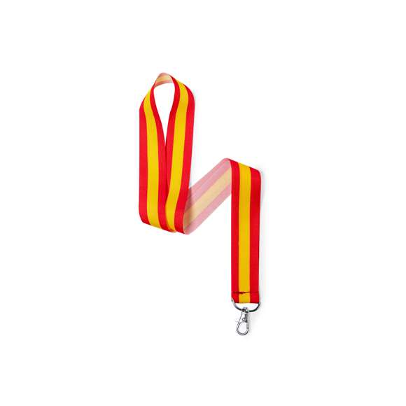 Lanyard con tiras de ancho especial en resistente y suave poliéster con accesorio mosquetón metálico. Especialmente diseñado para personalización total en sublimación para pedidos a partir de 250 piezas.