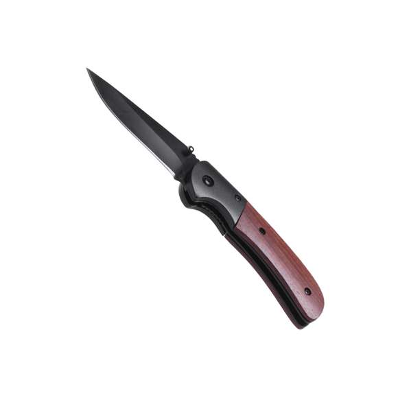 Navaja de alta calidad con hoja en acero inox de color negro y empuñadura en madera natural con bloqueo de seguridad. Presentada en caja individual.