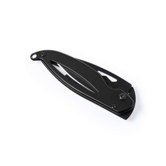 Navaja de alta calidad con hoja en acero inox de color oscuro y empuñadura en acero inox troquelada con bloqueo de seguridad. En variada gama de vivos colores y presentada en caja individual.