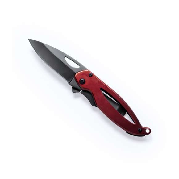 Navaja de alta calidad con hoja en acero inox de color oscuro y empuñadura en acero inox troquelada con bloqueo de seguridad. En variada gama de vivos colores y presentada en caja individual.