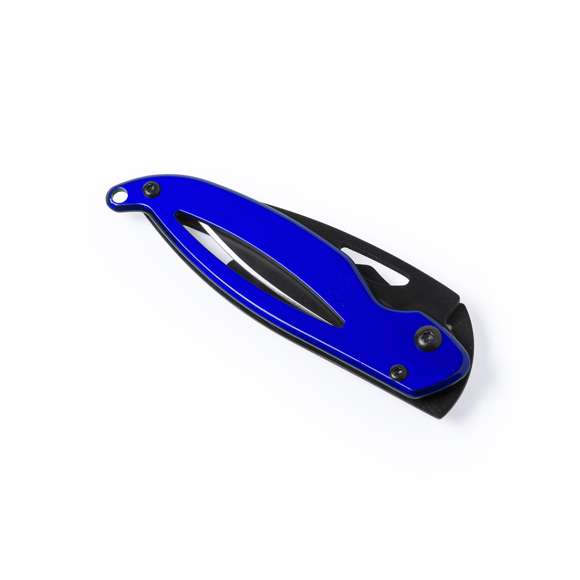 Navaja de alta calidad con hoja en acero inox de color oscuro y empuñadura en acero inox troquelada con bloqueo de seguridad. En variada gama de vivos colores y presentada en caja individual.