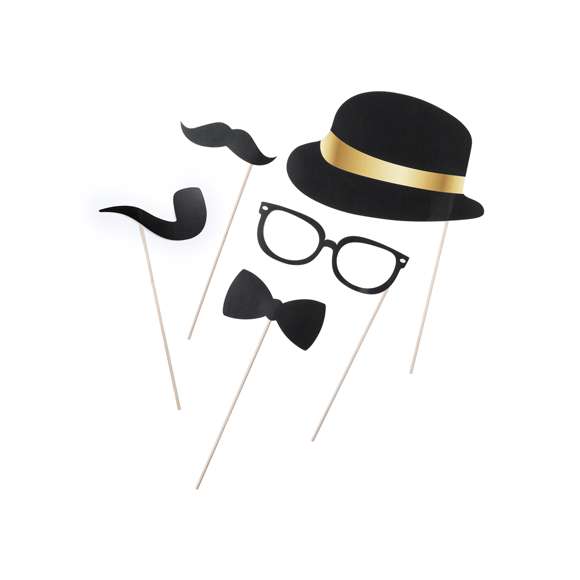 Set selfie de 5 piezas con divertidos accesorios sombrero, pipa, bigote, palomita y gafas. En papel de alto gramaje con mango de madera. Presentado en atractiva bolsa de diseño con auto cierre.
