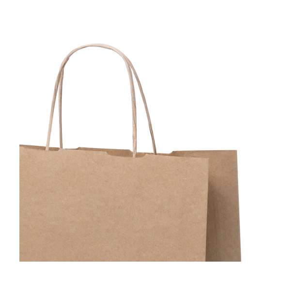 Bolsa en papel de acabado natural de 100g/m2 con asas cortas reforzadas y fuelle. Resistencia hasta 7kg de peso.