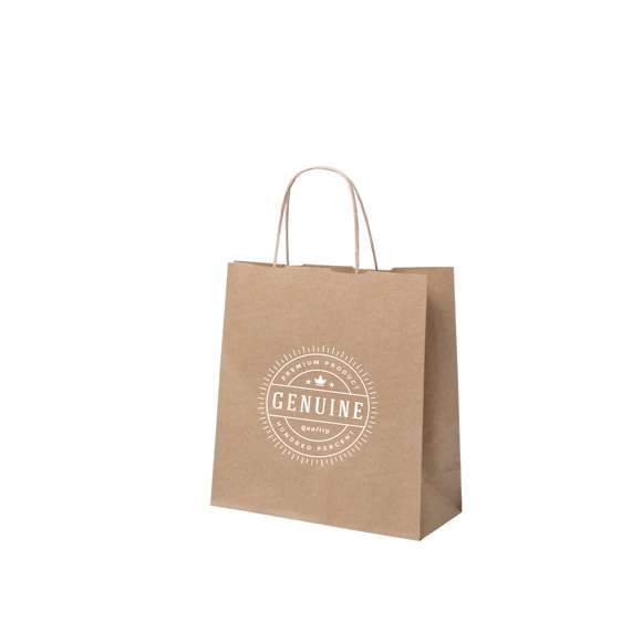Bolsa en papel de acabado natural de 100g/m2 con asas cortas reforzadas y fuelle. Resistencia hasta 7kg de peso.