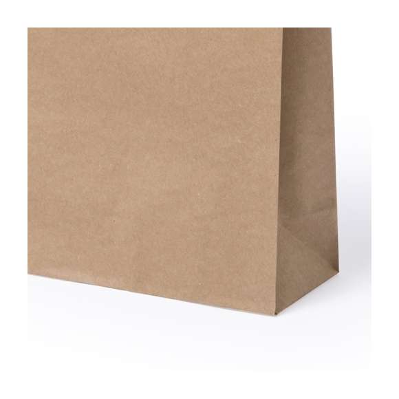 Bolsa en papel de acabado natural de 100g/m2 con asas cortas reforzadas y fuelle. Resistencia hasta 7kg de peso.