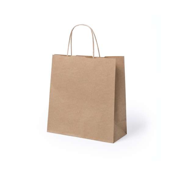 Bolsa en papel de acabado natural de 100g/m2 con asas cortas reforzadas y fuelle. Resistencia hasta 7kg de peso.