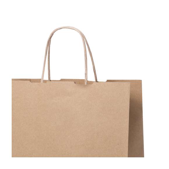Bolsa en papel de acabado natural de 100g/m2 con asas cortas reforzadas y fuelle. Resistencia hasta 7kg de peso.