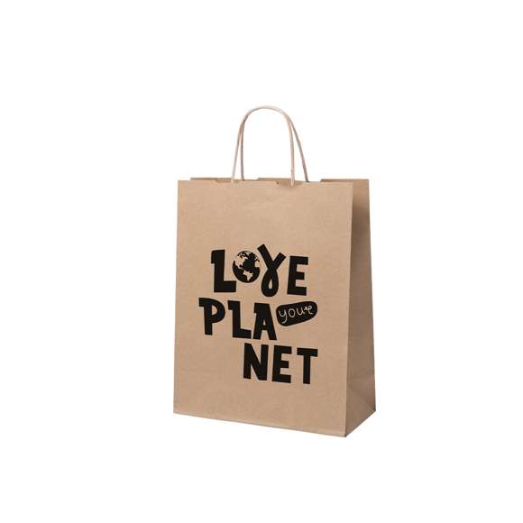 Bolsa en papel de acabado natural de 100g/m2 con asas cortas reforzadas y fuelle. Resistencia hasta 7kg de peso.