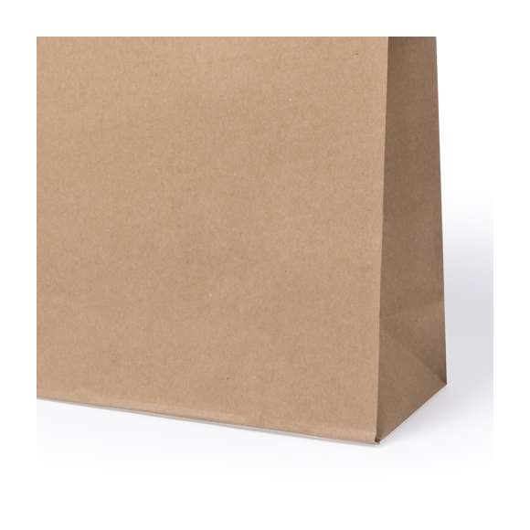 Bolsa en papel de acabado natural de 100g/m2 con asas cortas reforzadas y fuelle. Resistencia hasta 7kg de peso.