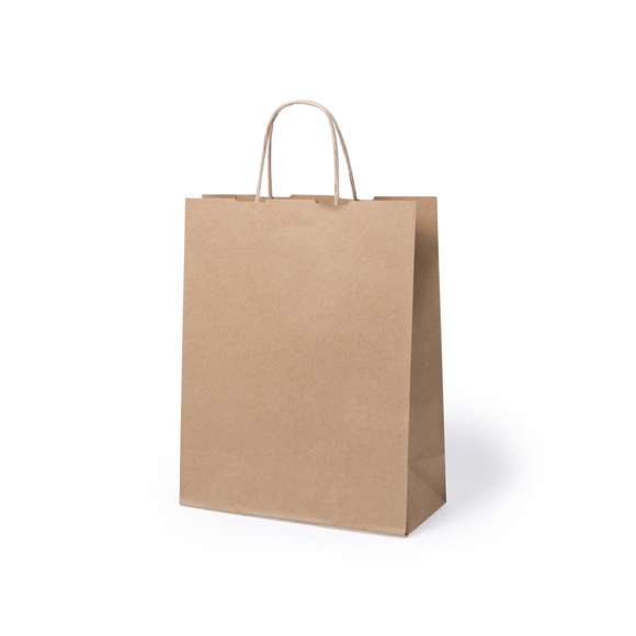 Bolsa en papel de acabado natural de 100g/m2 con asas cortas reforzadas y fuelle. Resistencia hasta 7kg de peso.