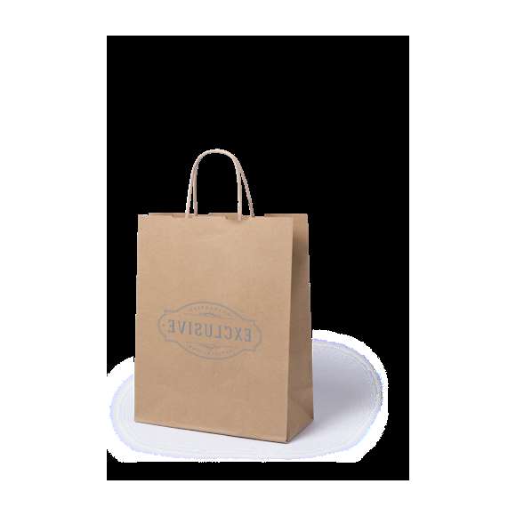 Bolsa en papel de acabado natural de 100g/m2 con asas cortas reforzadas y fuelle. Resistencia hasta 7kg de peso.