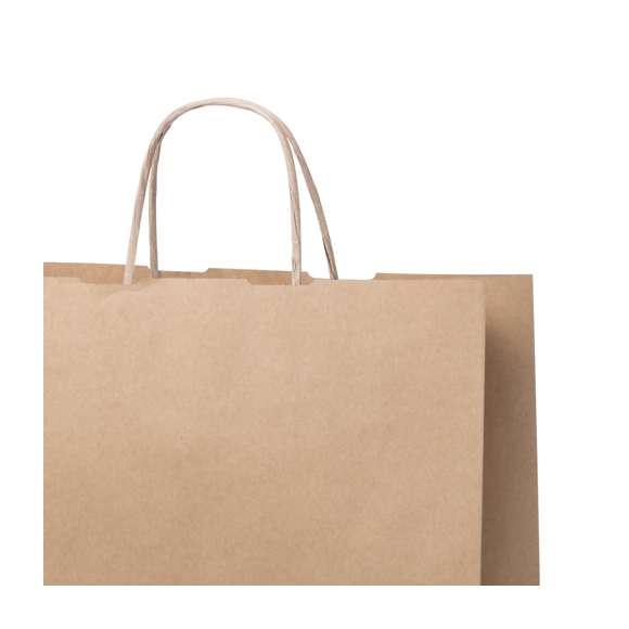 Bolsa en papel de acabado natural de 100g/m2 con asas cortas reforzadas y fuelle. Resistencia hasta 7kg de peso.