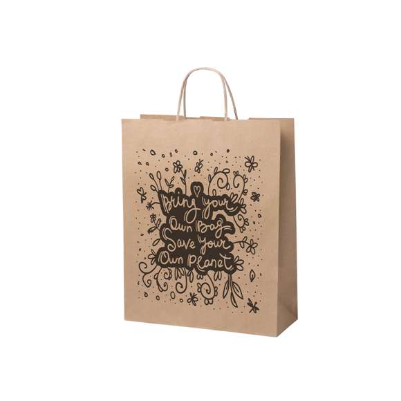 Bolsa en papel de acabado natural de 100g/m2 con asas cortas reforzadas y fuelle. Resistencia hasta 7kg de peso.