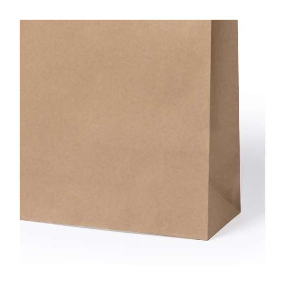 Bolsa en papel de acabado natural de 100g/m2 con asas cortas reforzadas y fuelle. Resistencia hasta 7kg de peso.
