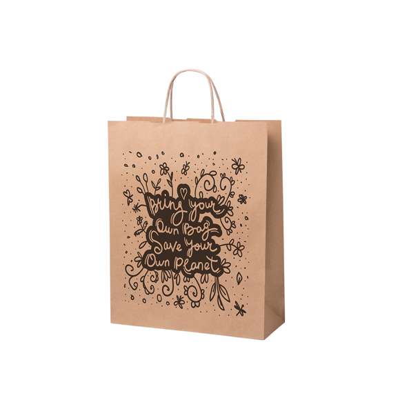 Bolsa en papel de acabado natural de 100g/m2 con asas cortas reforzadas y fuelle. Resistencia hasta 7kg de peso.