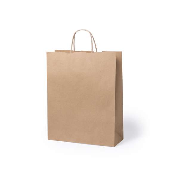 Bolsa en papel de acabado natural de 100g/m2 con asas cortas reforzadas y fuelle. Resistencia hasta 7kg de peso.