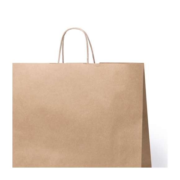 Bolsa en papel de acabado natural de 100g/m2 con asas cortas reforzadas y fuelle. Resistencia hasta 7kg de peso.