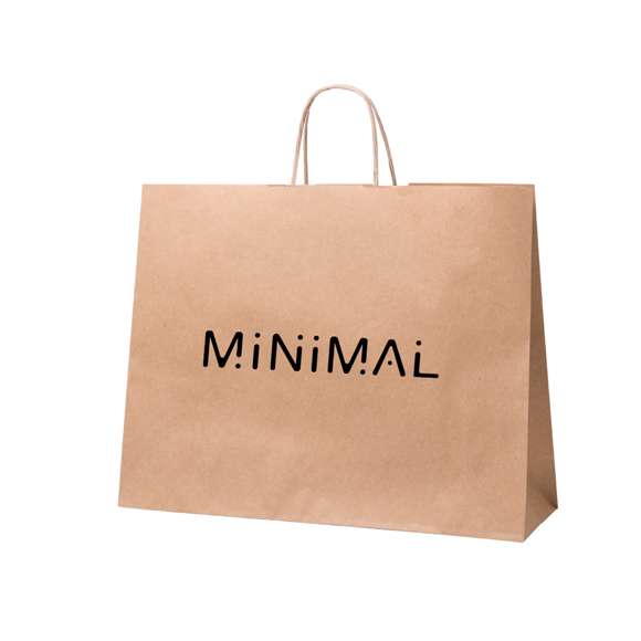 Bolsa en papel de acabado natural de 100g/m2 con asas cortas reforzadas y fuelle. Resistencia hasta 7kg de peso.