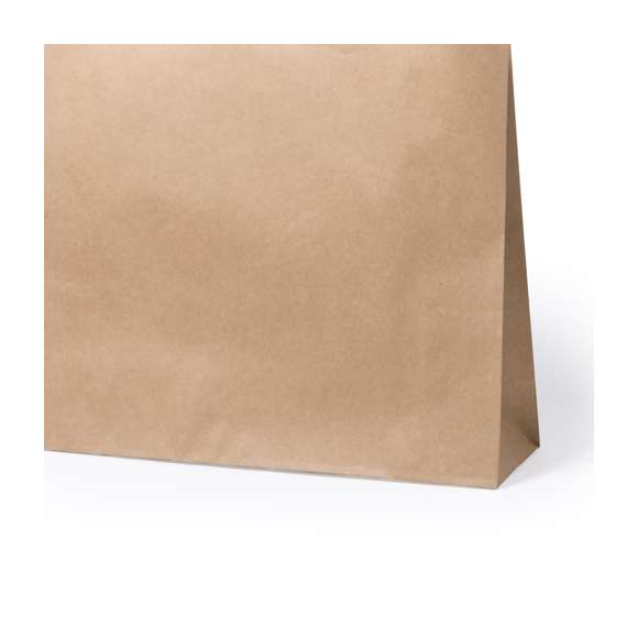 Bolsa en papel de acabado natural de 100g/m2 con asas cortas reforzadas y fuelle. Resistencia hasta 7kg de peso.