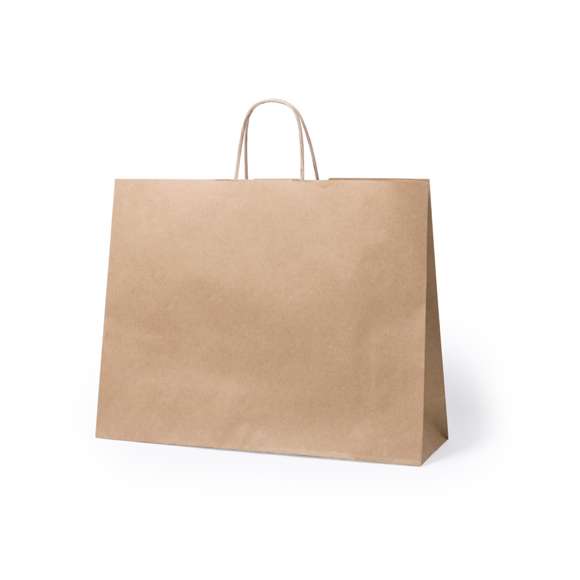 Bolsa en papel de acabado natural de 100g/m2 con asas cortas reforzadas y fuelle. Resistencia hasta 7kg de peso.