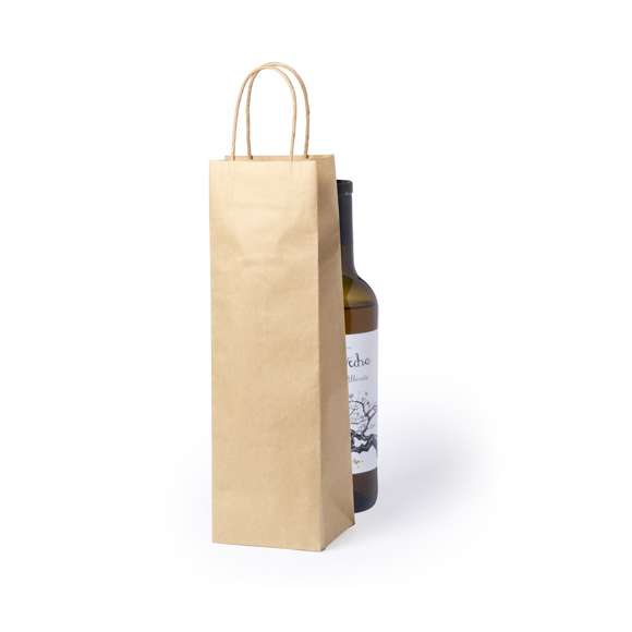 Bolsa en papel de acabado natural de 100g/m2 con asas cortas reforzadas y fuelle. Especialmente diseñada para botellas de hasta 1l.